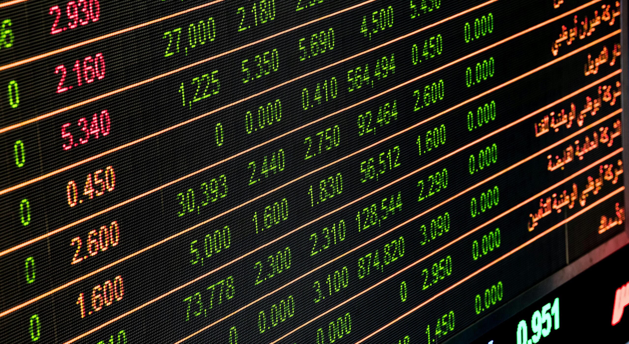 Home Detailed view of a stock market screen showing numbers and data, symbolizing financial trading.